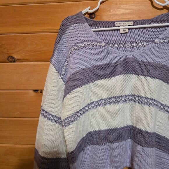 Women's Sincerely Jules Purple Lavender Stripe Knit Bell Sleeve Sweater Medium - Picture 2 of 5